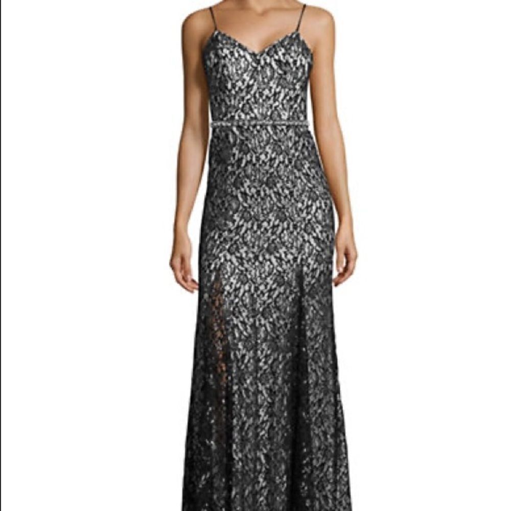 Sequin Hearts Beaded Metallic Lace Sheath Gown